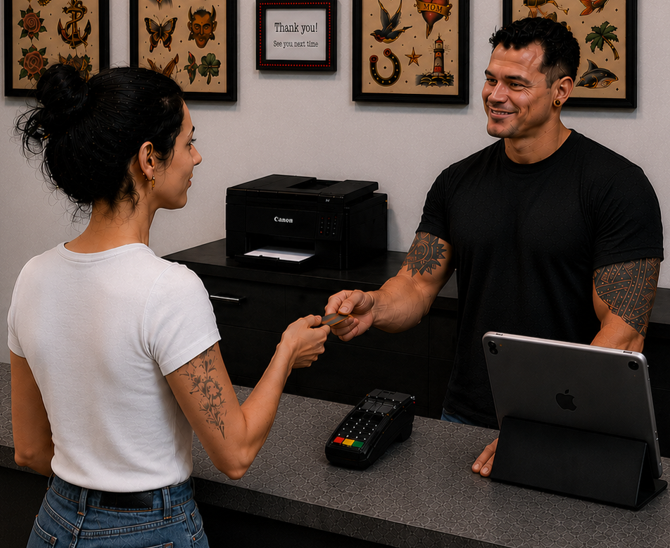 Tattoo studio reception scene